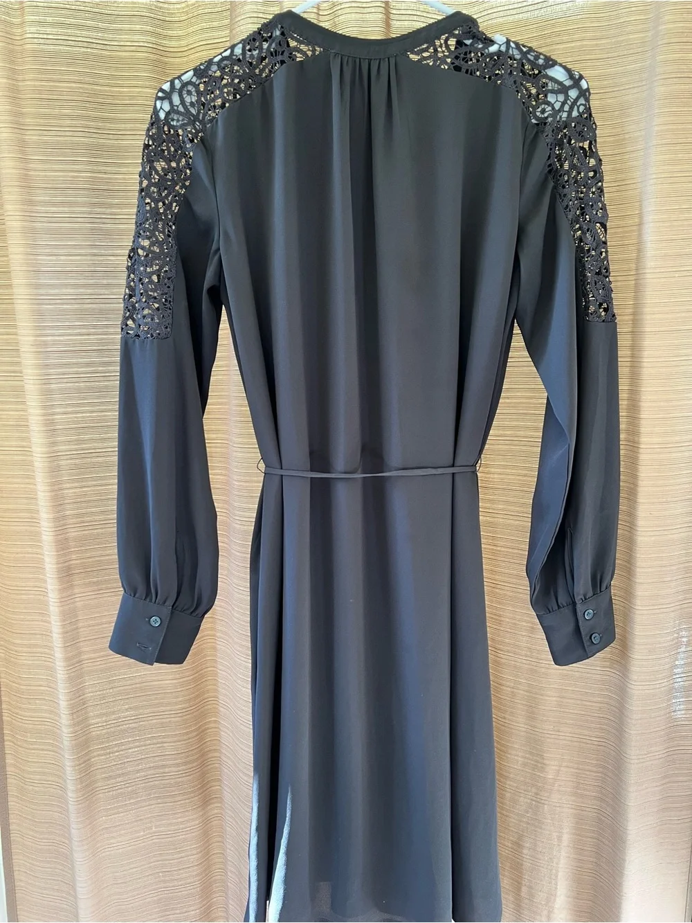 LOFT Black Long-Sleeve Lace-Shoulder Tie-Waist Dress